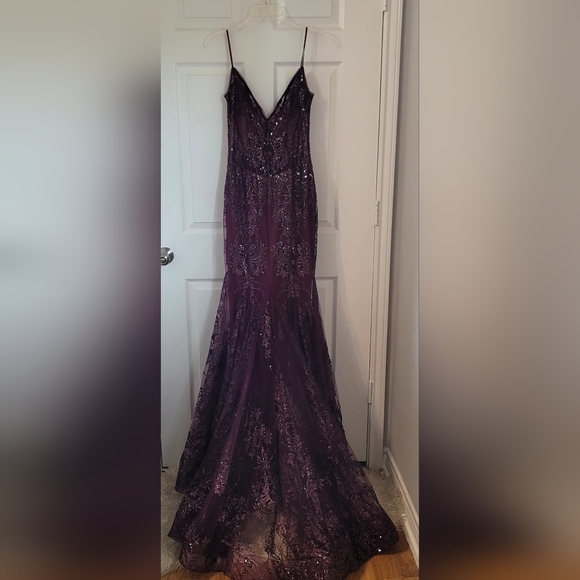 Jovani formal gown, spaghetti straps, sequin embroidery, size 4, Plum Purple - Picture 2 of 5